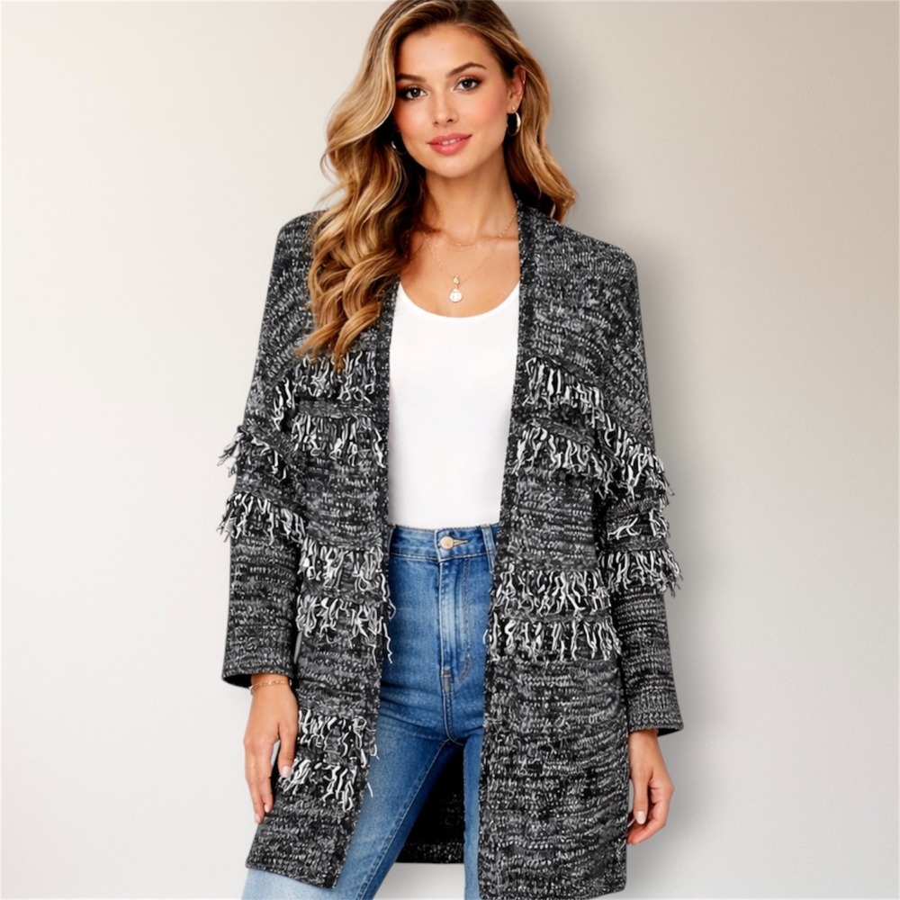 Knox Rose L Black White Fringe Cardigan Knit‎ Boho Duster Cottagecore